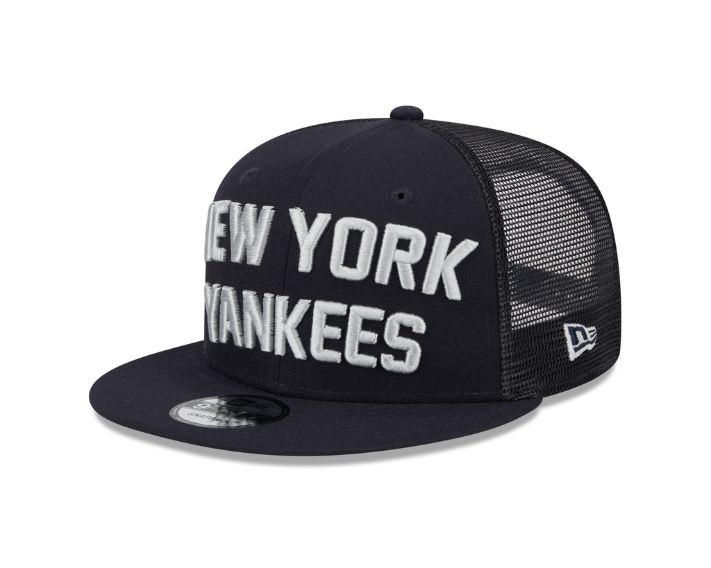 New York Yankees New Era Navy Stacked 9FIFTY Mesh Trucker Snapback Hat Official Team Hat Sports Fan Cap Official NFL Team Hat Football Fan Cap