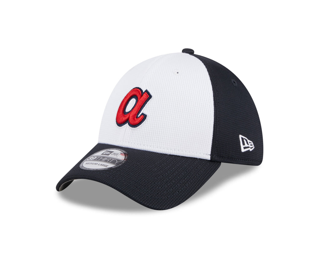 Mens New Era Atlanta Braves White Navy 2024 Batting Practice 39Thirty Flex Fit Cap Official Team Hat Sports Fan Cap Official NFL Team Hat Football