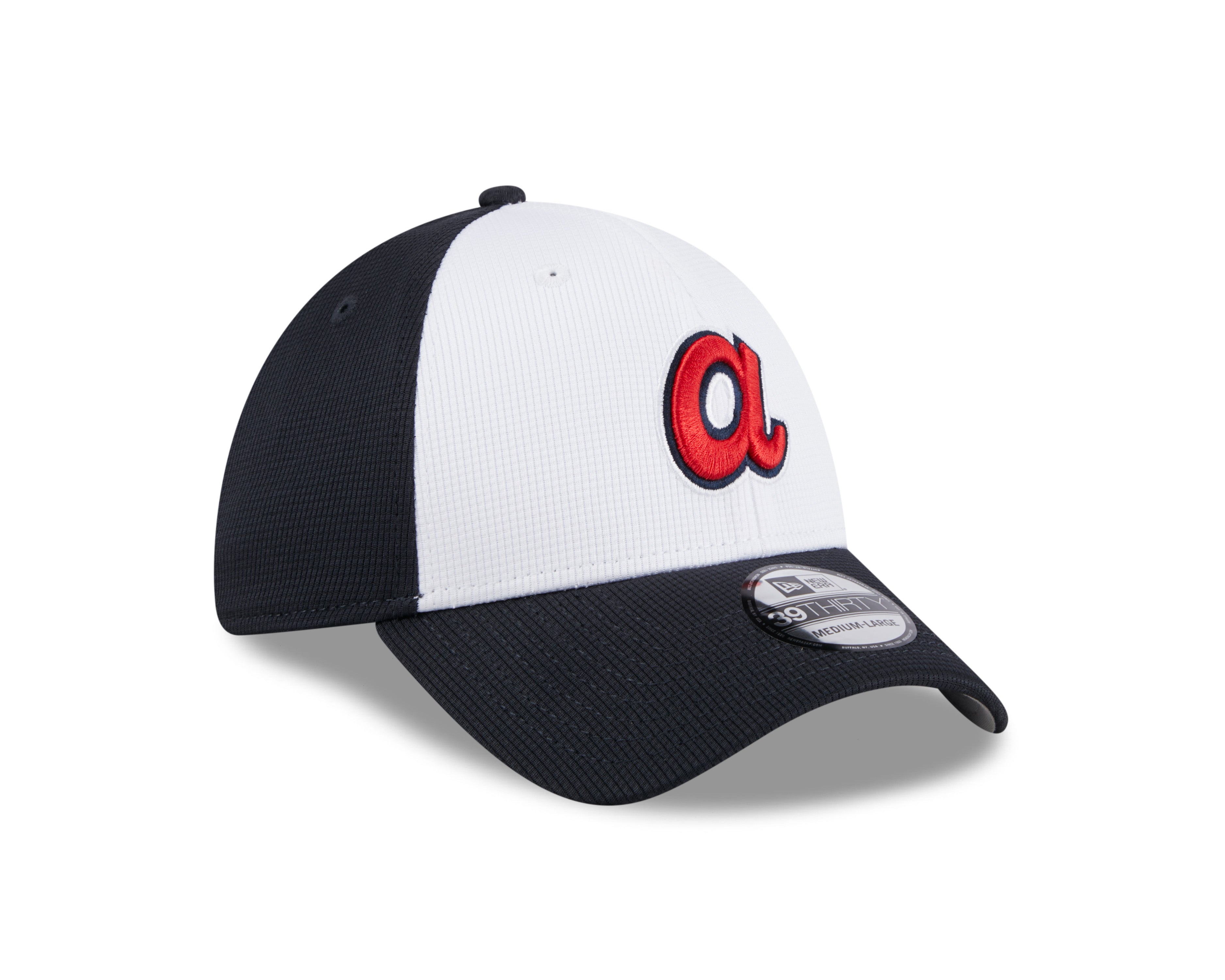 Mens New Era Atlanta Braves White Navy 2024 Batting Practice 39Thirty Flex Fit Cap Official Team Hat Sports Fan Cap Official NFL Team Hat Football