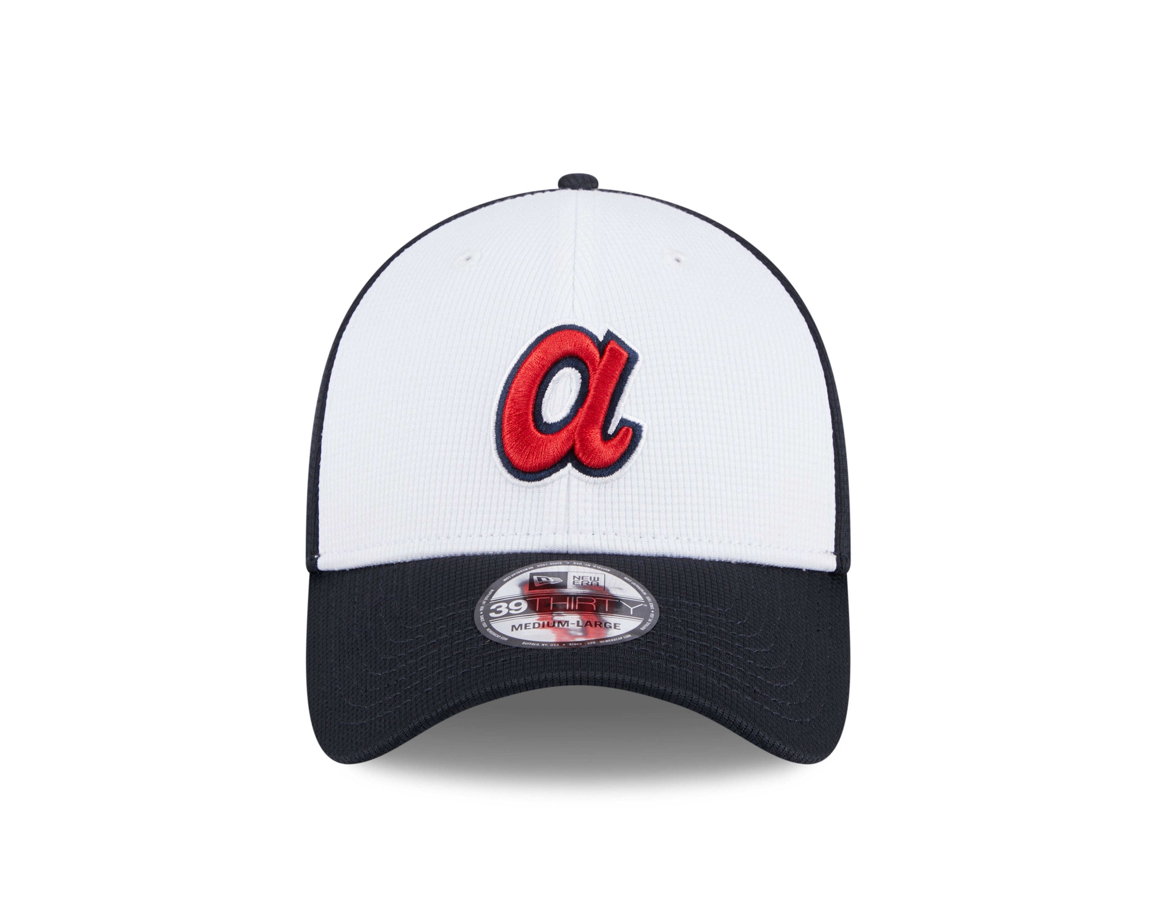 Mens New Era Atlanta Braves White Navy 2024 Batting Practice 39Thirty Flex Fit Cap Official Team Hat Sports Fan Cap Official NFL Team Hat Football