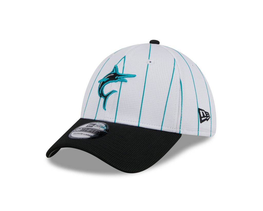 Men s Miami Marlins New Era 2024 Batting Practice White Black 39THIRTY Flex-Fit Hat Official Team Hat Sports Fan Cap Official NFL Team Hat Football
