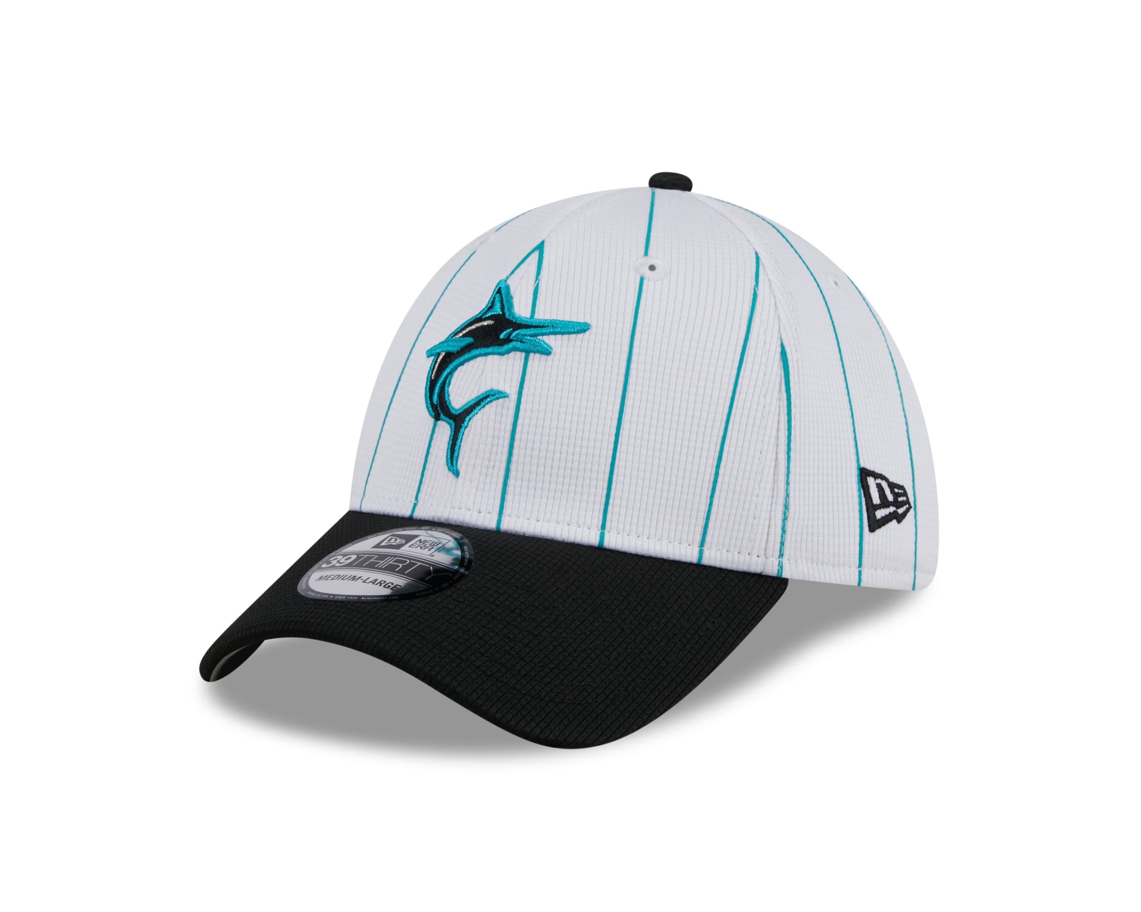 Men s Miami Marlins New Era 2024 Batting Practice White Black 39THIRTY Flex-Fit Hat Official Team Hat Sports Fan Cap Official NFL Team Hat Football