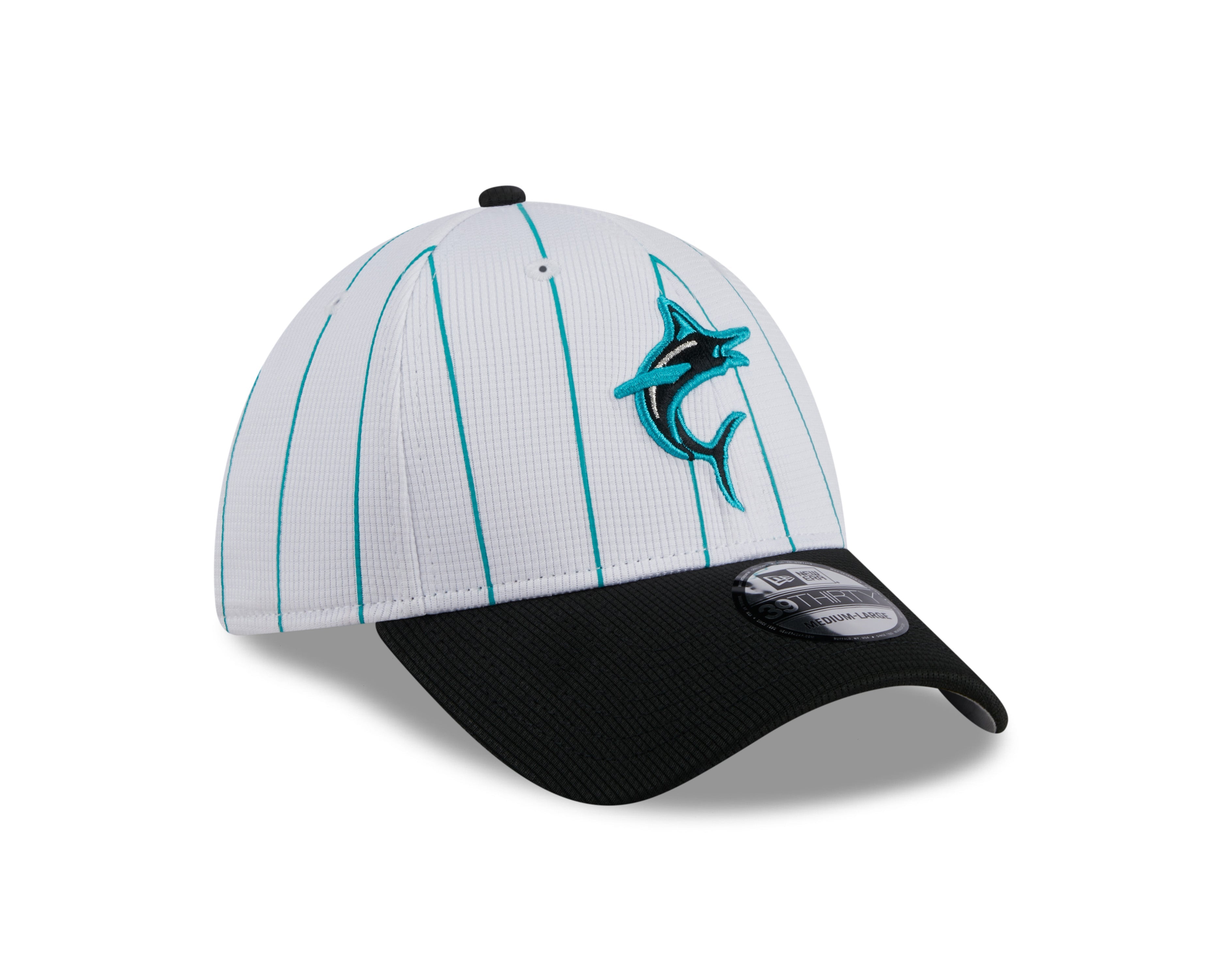 Men s Miami Marlins New Era 2024 Batting Practice White Black 39THIRTY Flex-Fit Hat Official Team Hat Sports Fan Cap Official NFL Team Hat Football