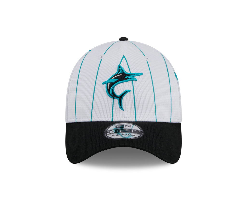 Men s Miami Marlins New Era 2024 Batting Practice White Black 39THIRTY Flex-Fit Hat Official Team Hat Sports Fan Cap Official NFL Team Hat Football
