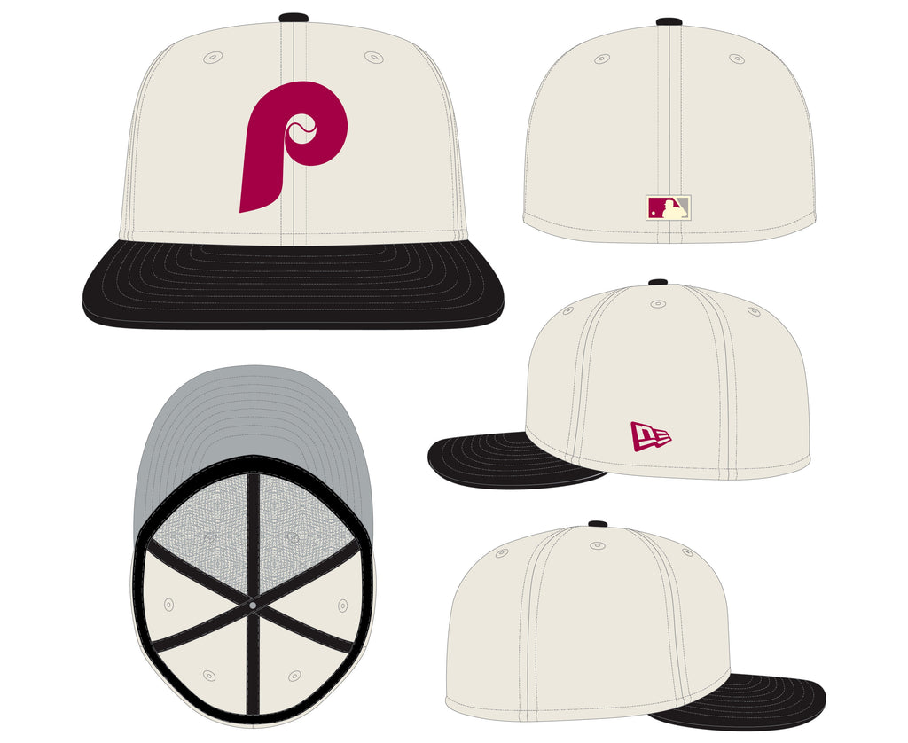 Philadelphia Phillies Cooperstown Collection Cream Black Leather Visor New Era 59FIFTY Fitted Hat Official Team Hat Sports Fan Cap Official NFL Team