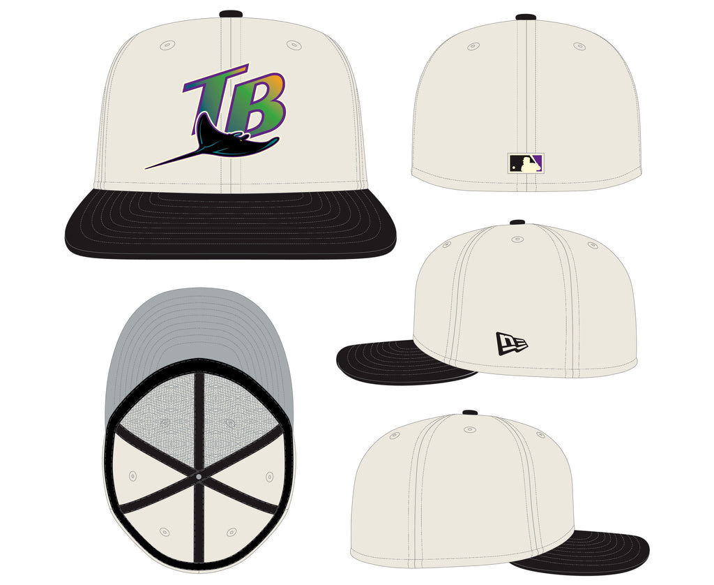Tampa Bay Devil Rays Cooperstown Collection Cream Black Leather Visor New Era 59FIFTY Fitted Hat Official Team Hat Sports Fan Cap Official NFL Team