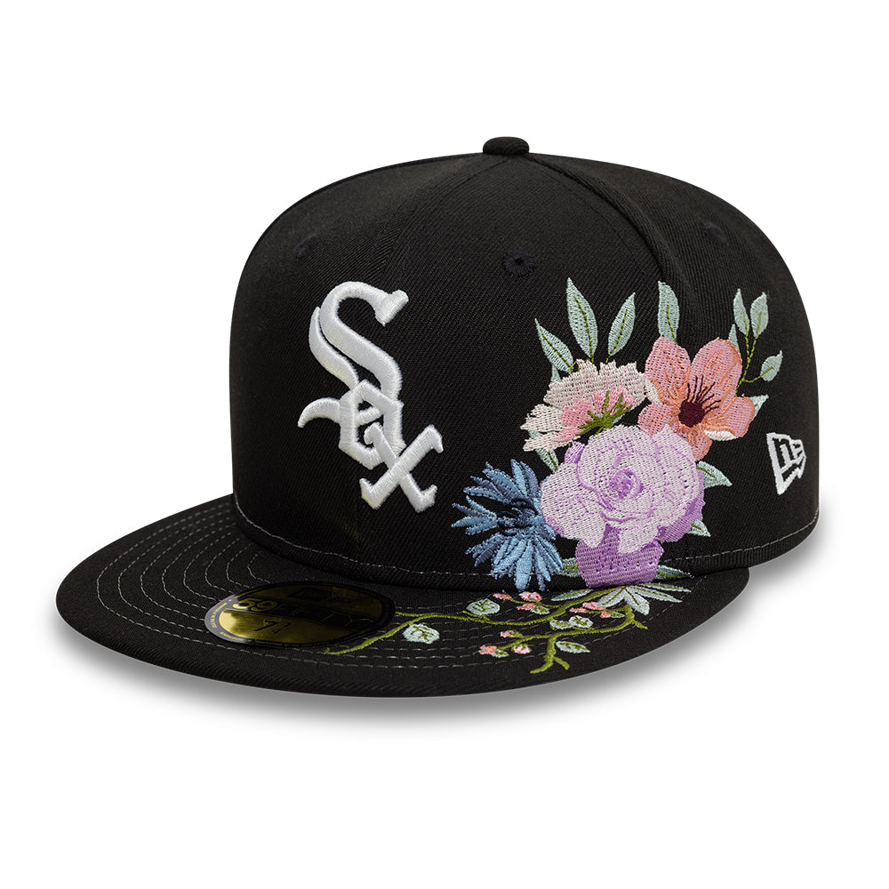 Chicago White Sox MLB Floral 59Fifty New Era Black White Official Team Hat Sports Fan Cap Official NFL Team Hat Football Fan Cap