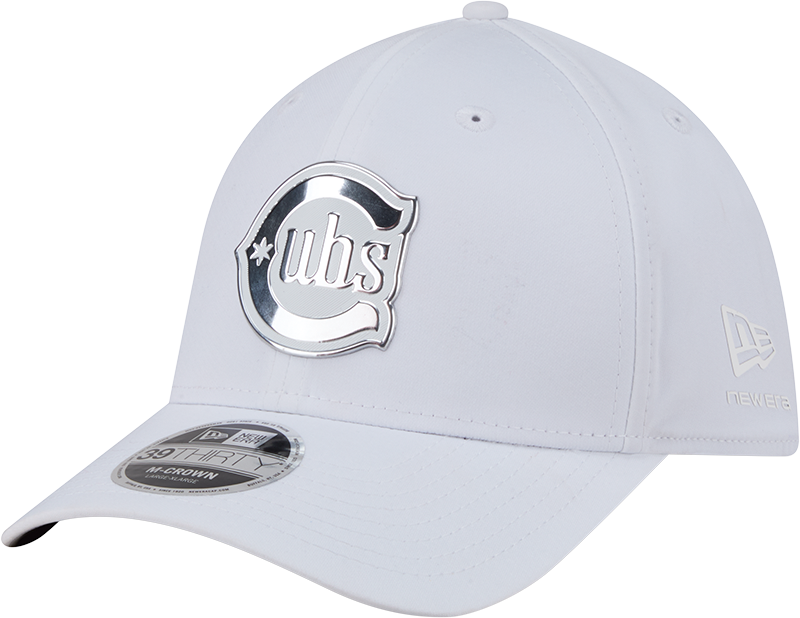 Chicago Cubs New Era M-Crown 39Thirty Alternate 2 Metallic White Performance Flex Fit Hat Official Team Hat Sports Fan Cap Official NFL Team Hat