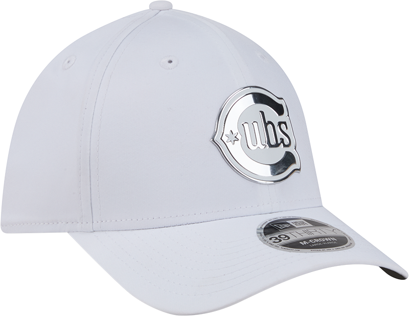 Chicago Cubs New Era M-Crown 39Thirty Alternate 2 Metallic White Performance Flex Fit Hat Official Team Hat Sports Fan Cap Official NFL Team Hat