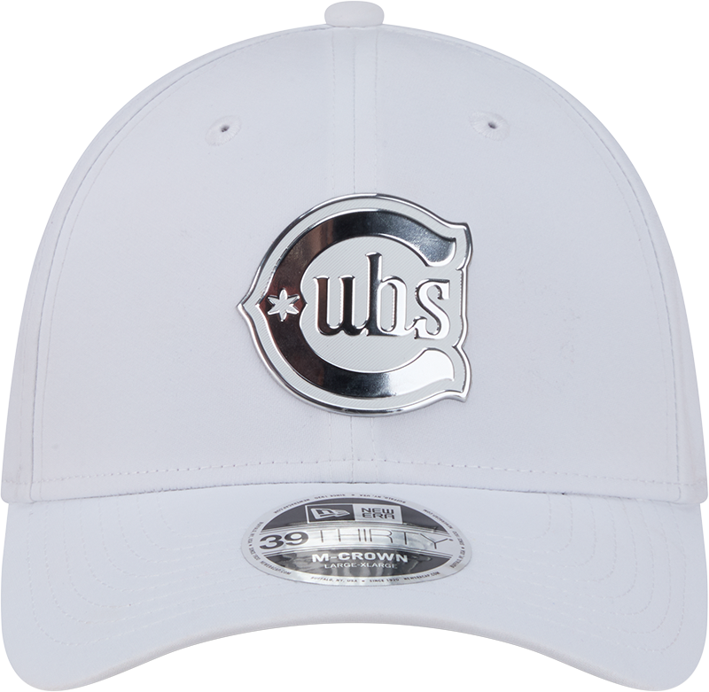 Chicago Cubs New Era M-Crown 39Thirty Alternate 2 Metallic White Performance Flex Fit Hat Official Team Hat Sports Fan Cap Official NFL Team Hat