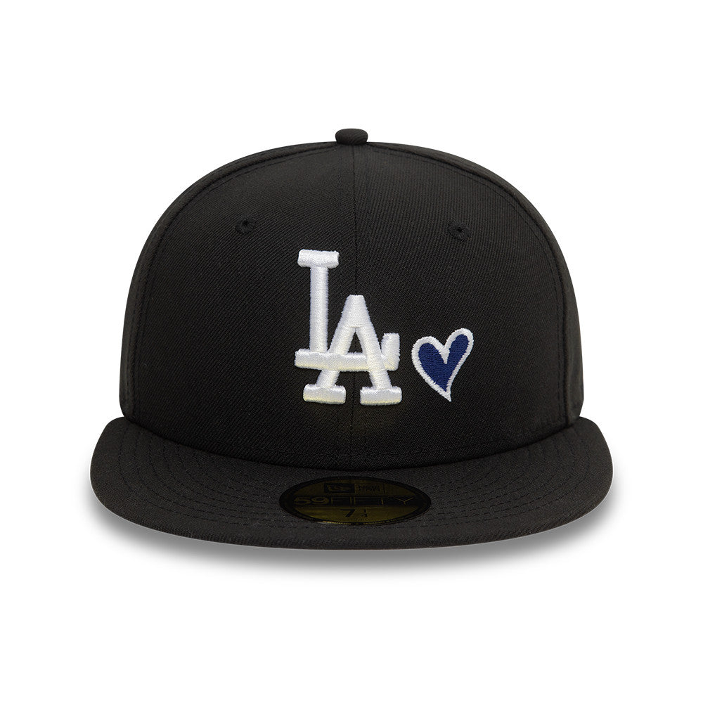 Los Angeles Dodgers MLB Heart Icon 59FIFTY Fitted New Era Black White Official Team Hat Sports Fan Cap Official NFL Team Hat Football Fan Cap
