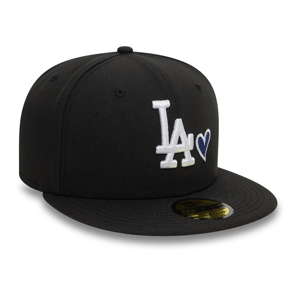 Los Angeles Dodgers MLB Heart Icon 59FIFTY Fitted New Era Black White Official Team Hat Sports Fan Cap Official NFL Team Hat Football Fan Cap