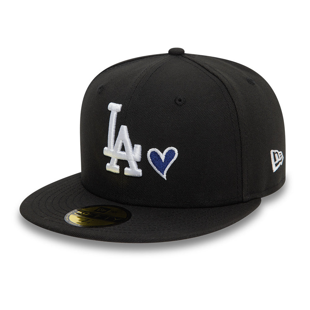 Los Angeles Dodgers MLB Heart Icon 59FIFTY Fitted New Era Black White Official Team Hat Sports Fan Cap Official NFL Team Hat Football Fan Cap