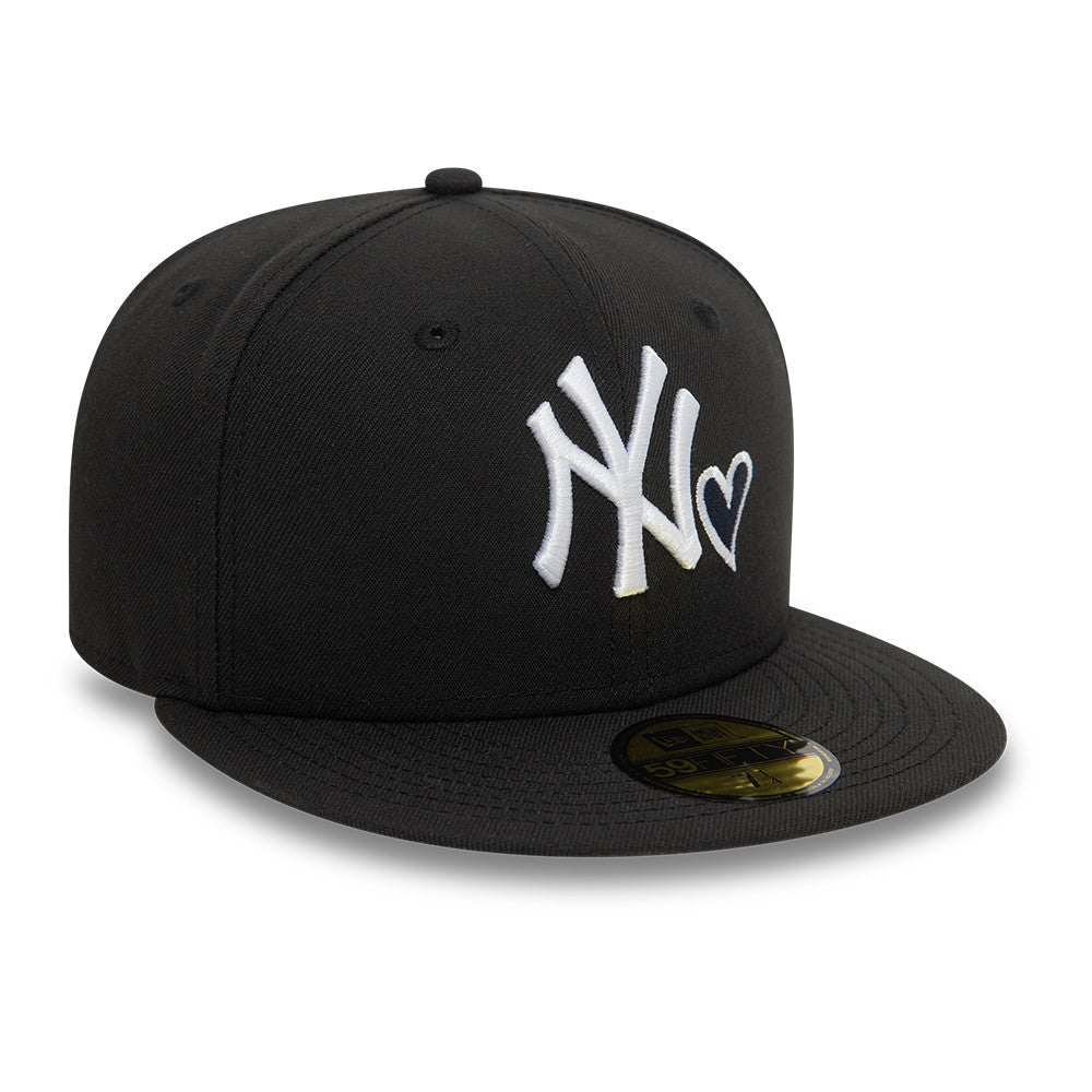 New York Yankees MLB Heart Icon 59FIFTY Fitted New Era Black White Official Team Hat Sports Fan Cap Official NFL Team Hat Football Fan Cap