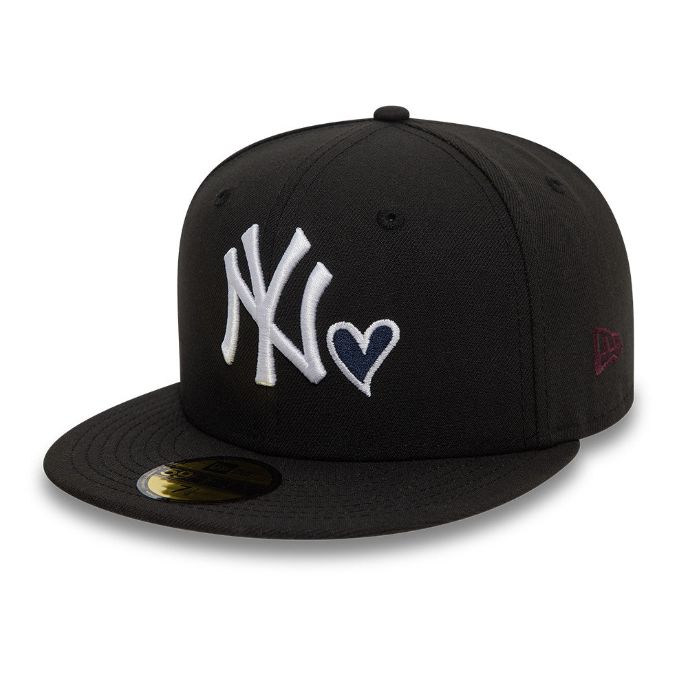New York Yankees MLB Heart Icon 59FIFTY Fitted New Era Black White Official Team Hat Sports Fan Cap Official NFL Team Hat Football Fan Cap