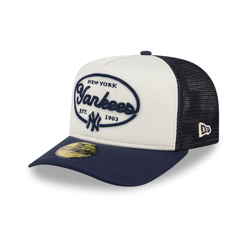 New York Yankees MLB 5950 Day Fitted Trucker A-Frame New Era White Navy Official Team Hat Sports Fan Cap Official NFL Team Hat Football Fan Cap