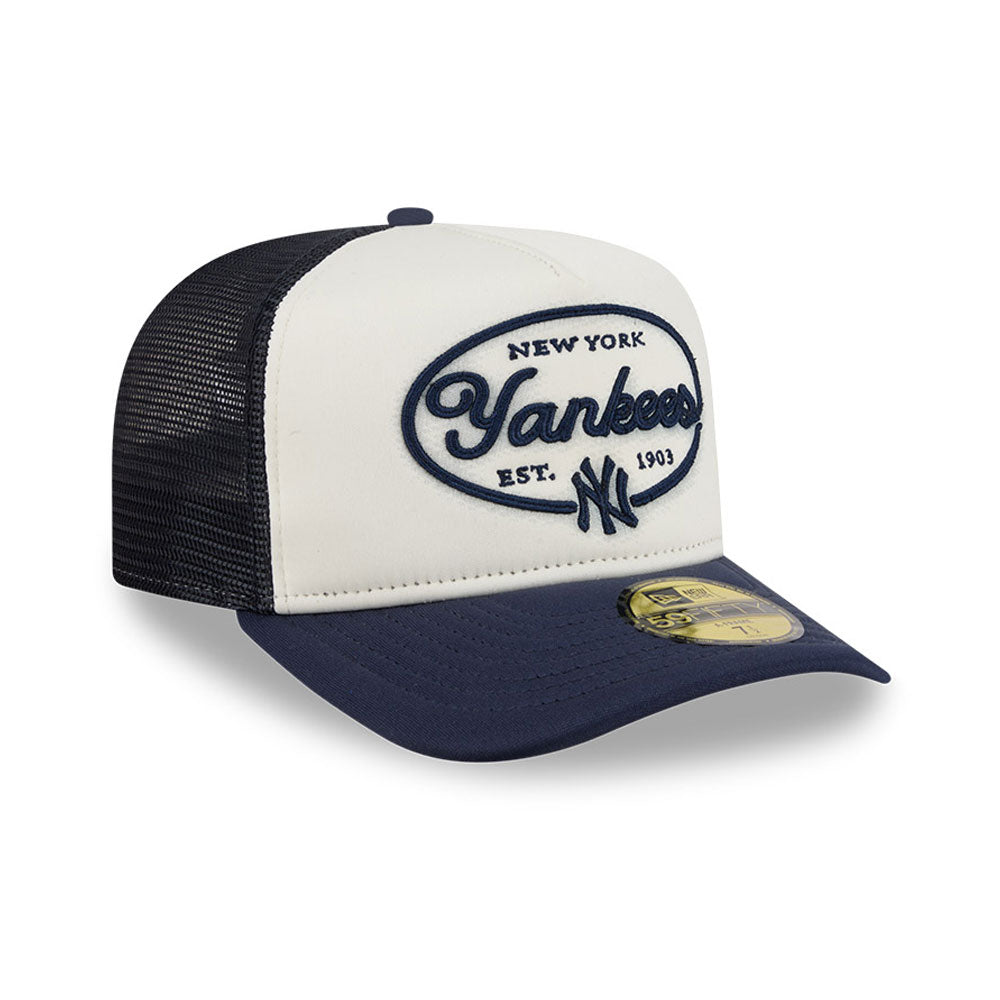 New York Yankees MLB 5950 Day Fitted Trucker A-Frame New Era White Navy Official Team Hat Sports Fan Cap Official NFL Team Hat Football Fan Cap