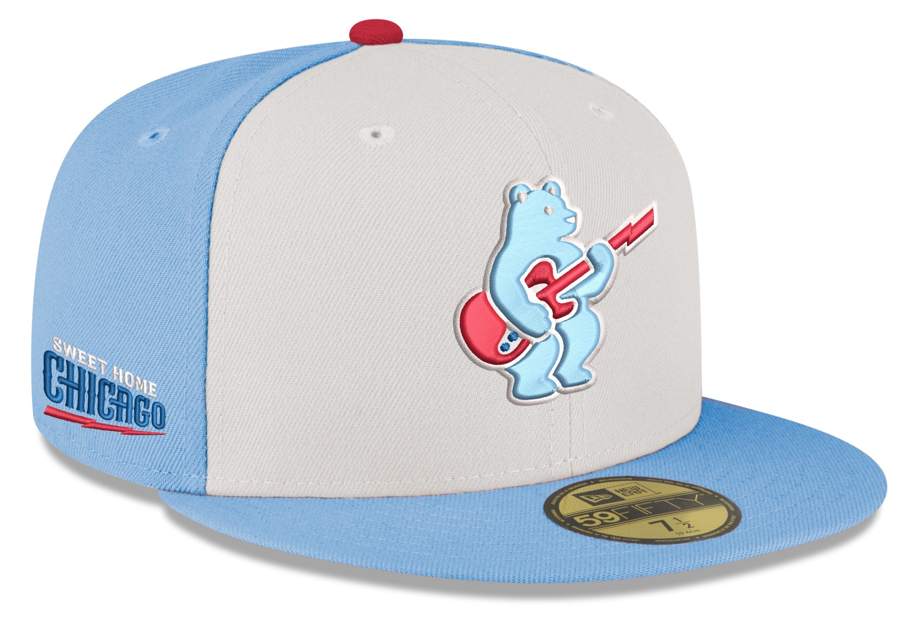 Men s Chicago Cubs New Era Chrome Sky Blue Guitar Bear Alternate 59FIFTY Fitted Hat Official Team Hat Sports Fan Cap Official NFL Team Hat Football