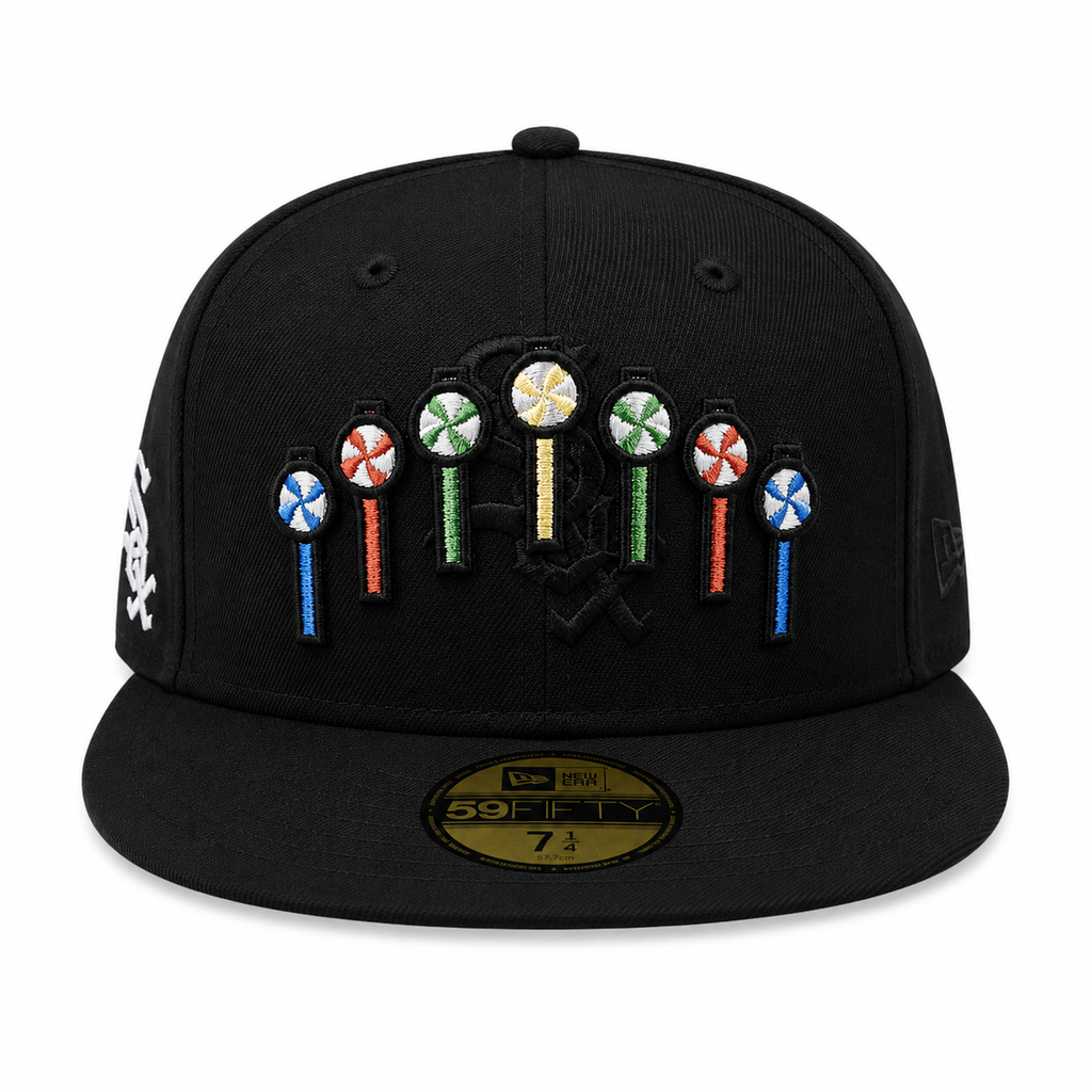 Chicago White Sox New Era Black Pinwheels 59FIFTY Fitted Hat Official Team Hat Sports Fan Cap Official NFL Team Hat Football Fan Cap