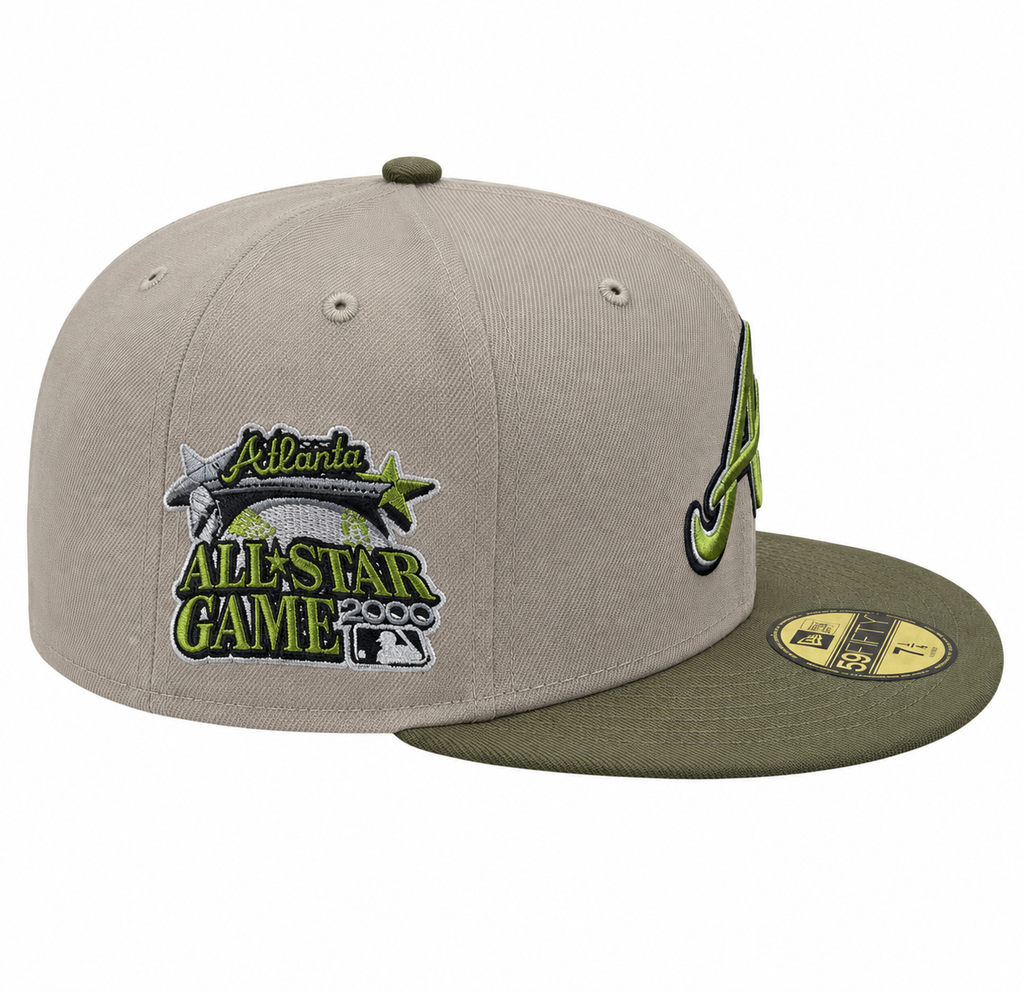 Atlanta Braves New Era 2 Tone Stone Green Bark Sevendust Home inspired 59FIFTY Fitted Hat Official Team Hat Sports Fan Cap Official NFL Team Hat