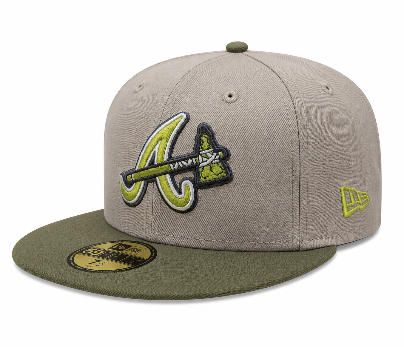 Atlanta Braves New Era 2 Tone Stone Green Bark Sevendust Home inspired 59FIFTY Fitted Hat Official Team Hat Sports Fan Cap Official NFL Team Hat