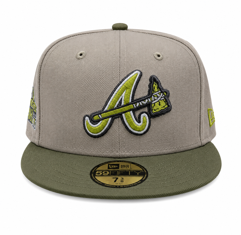 Atlanta Braves New Era 2 Tone Stone Green Bark Sevendust Home inspired 59FIFTY Fitted Hat Official Team Hat Sports Fan Cap Official NFL Team Hat