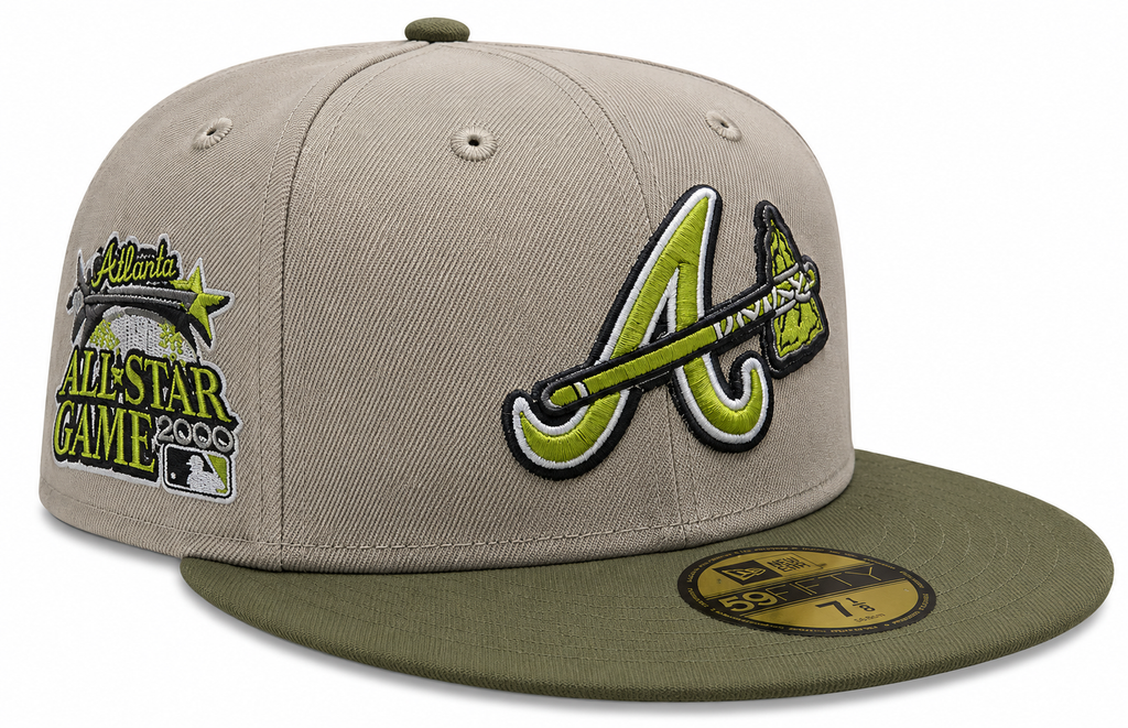 Atlanta Braves New Era 2 Tone Stone Green Bark Sevendust Home inspired 59FIFTY Fitted Hat Official Team Hat Sports Fan Cap Official NFL Team Hat