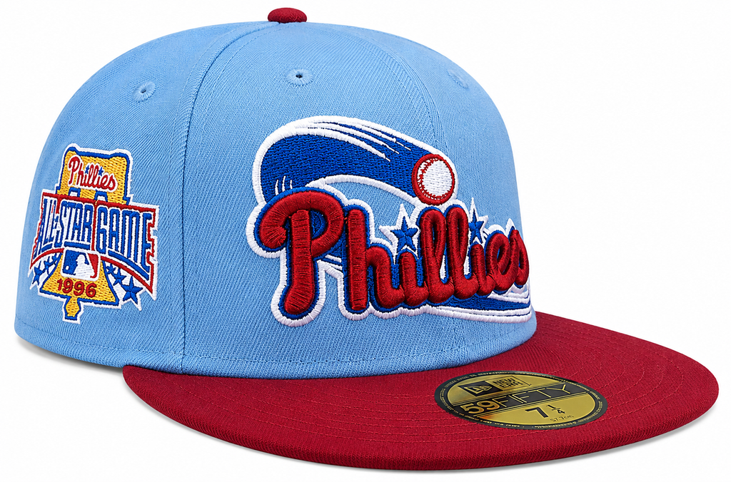 Philadelphia Phillies MLB 1996 ASG 2 Tone Sky Blue Cardinal New Era 59FIFTY Fitted Hat Official Team Hat Sports Fan Cap Official NFL Team Hat