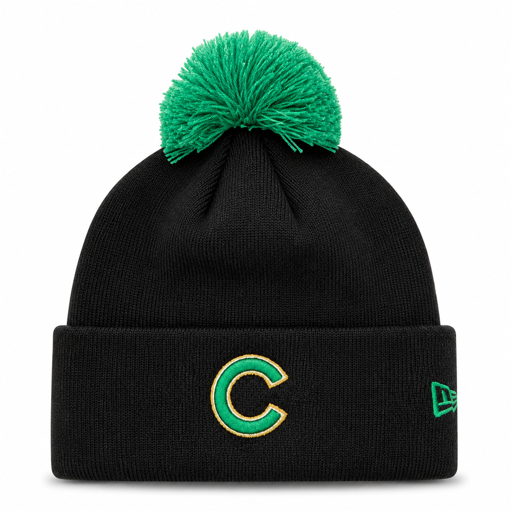Chicago Cubs New Era Black St Patrick s Day Cuffed Knit Hat with Pom Official Team Hat Sports Fan Cap Official NFL Team Hat Football Fan Cap