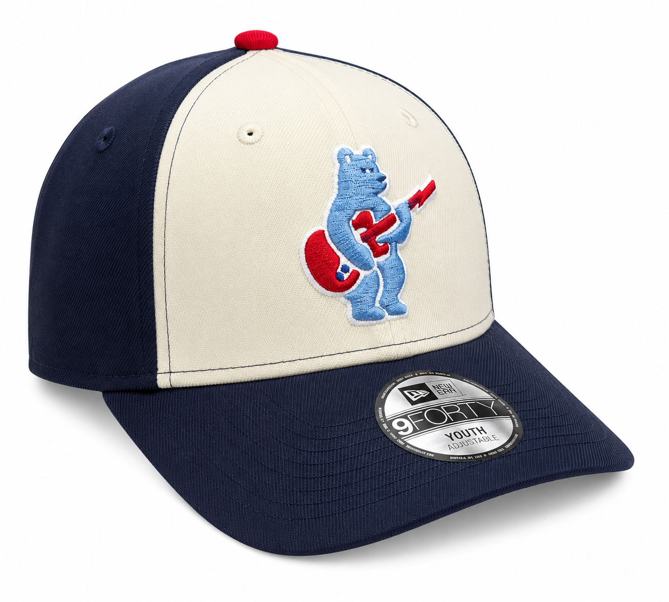 Youth Chicago Cubs Alternate 2 Guitar Bear 9FORTY Adjustable Chrome Navy Blue Cap By New Era Official Team Hat Sports Fan Cap Official NFL Team Hat