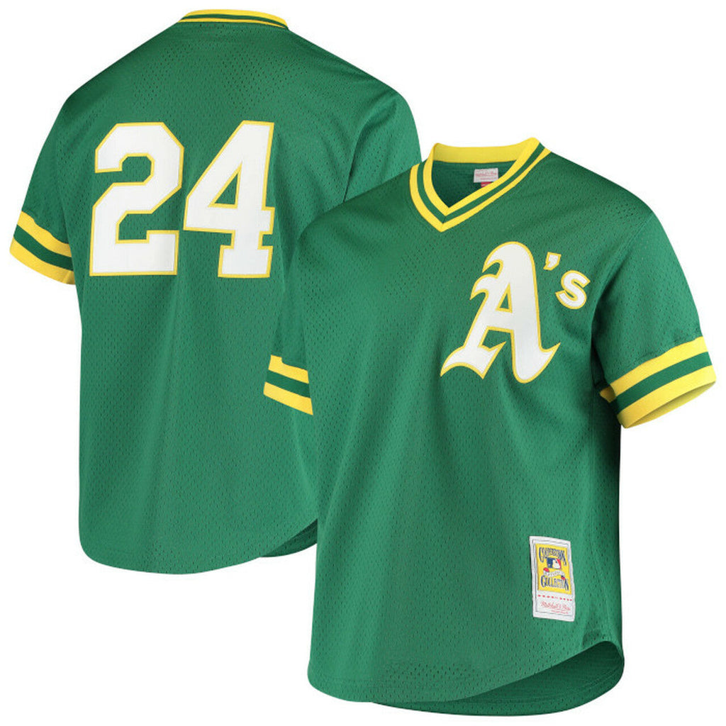 Men s Oakland Athletics Rickey Henderson 1991 Mitchell And Ness Green Cooperstown 1987 Mesh Batting Practice Jersey Official Team Jersey Sports Fan