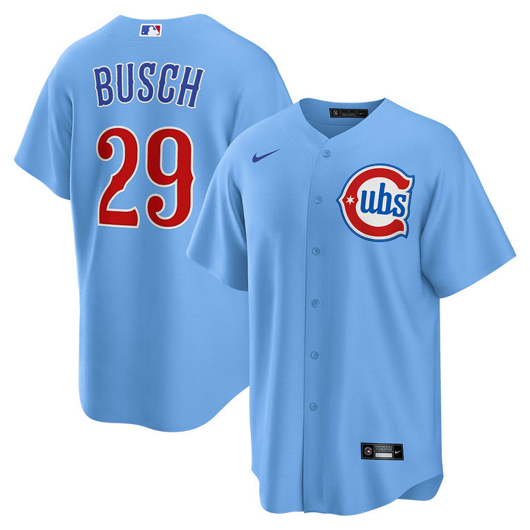 NIKE Men s Chicago Cubs Michael Busch 29 Light Blue 2nd Alternate Replica Jersey Official Team Jersey Sports Fan Apparel Official NFL Team Jersey