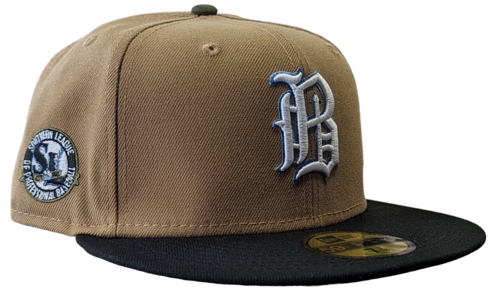Birmingham Barons Biff New Era Southern League Khaki Black Olive 59FIFTY Fitted Hat Official Team Hat Sports Fan Cap Official NFL Team Hat Football