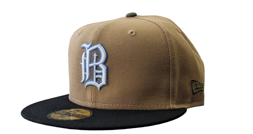 Birmingham Barons Biff New Era Southern League Khaki Black Olive 59FIFTY Fitted Hat Official Team Hat Sports Fan Cap Official NFL Team Hat Football