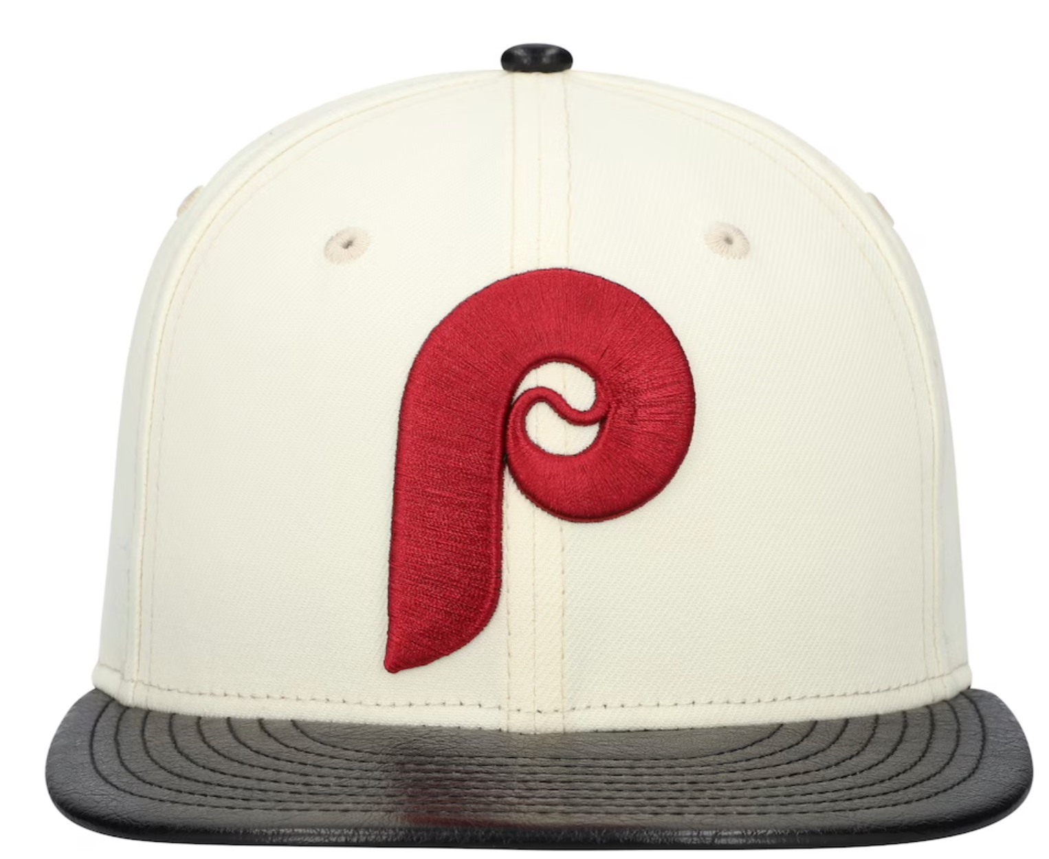 Philadelphia Phillies Cooperstown Collection Cream Black Leather Visor New Era 59FIFTY Fitted Hat Official Team Hat Sports Fan Cap Official NFL Team