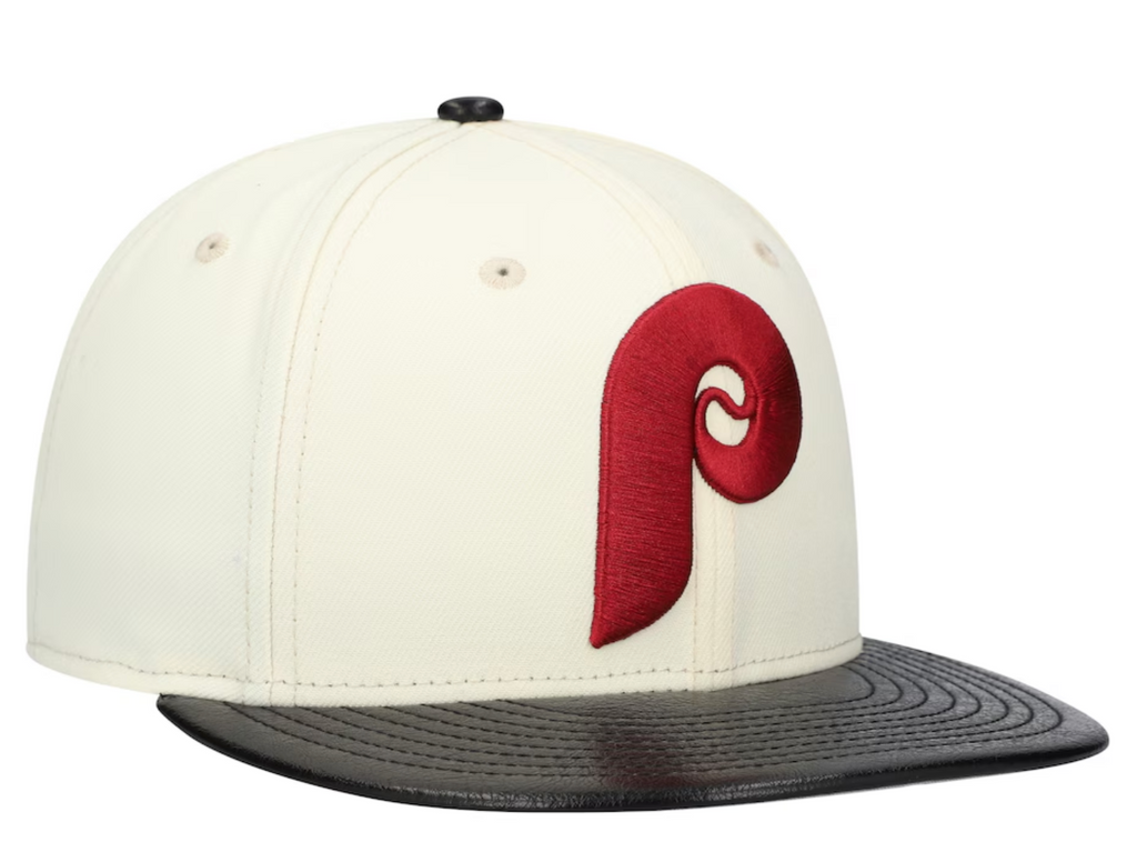 Philadelphia Phillies Cooperstown Collection Cream Black Leather Visor New Era 59FIFTY Fitted Hat Official Team Hat Sports Fan Cap Official NFL Team