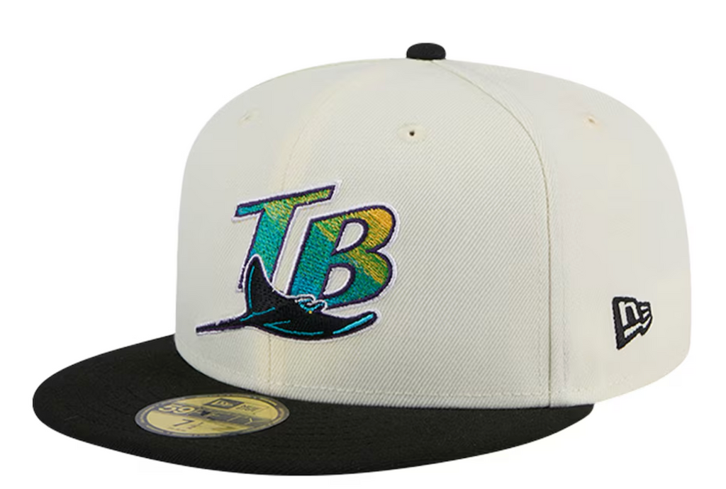 Tampa Bay Devil Rays Cooperstown Collection Cream Black Leather Visor New Era 59FIFTY Fitted Hat Official Team Hat Sports Fan Cap Official NFL Team