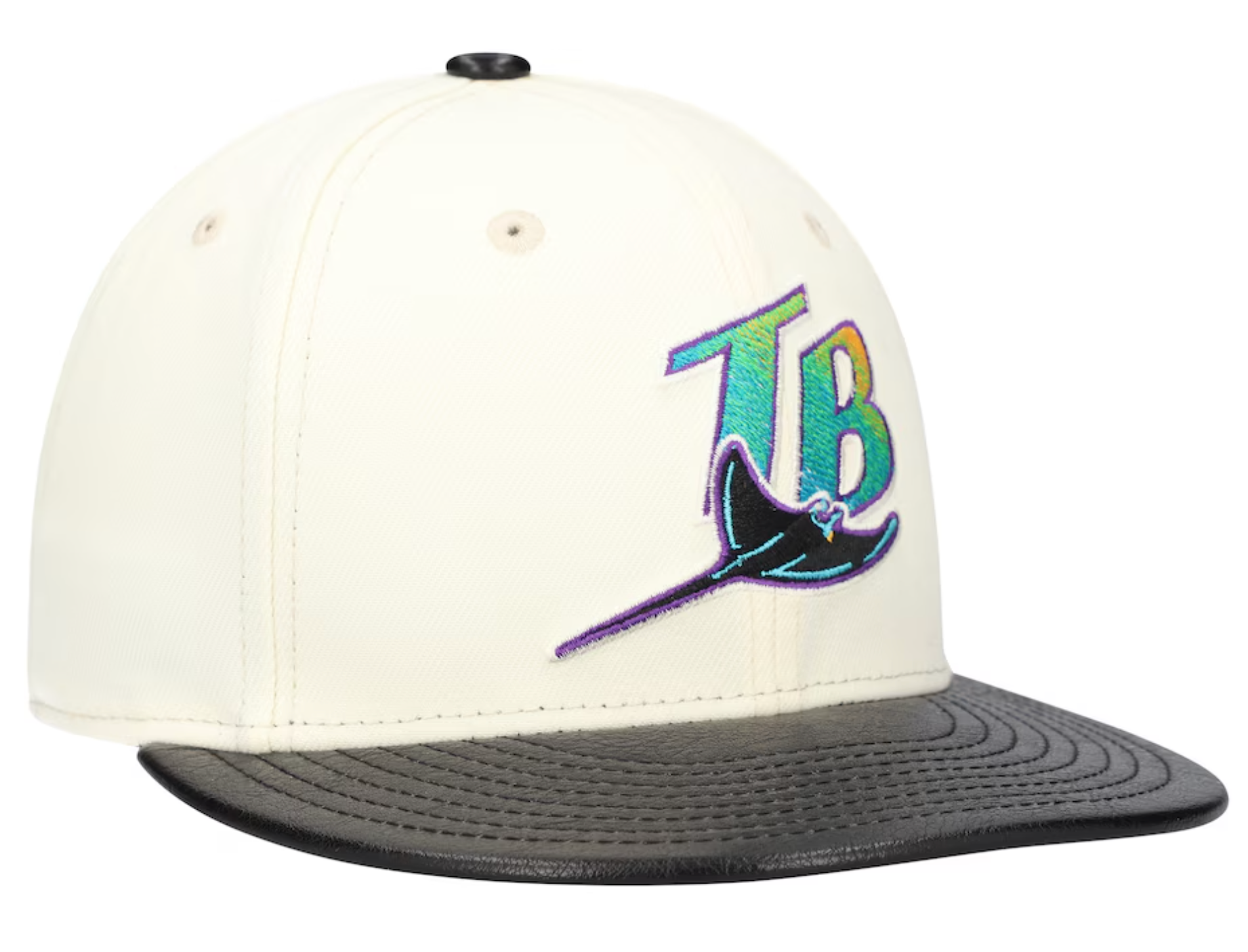 Tampa Bay Devil Rays Cooperstown Collection Cream Black Leather Visor New Era 59FIFTY Fitted Hat Official Team Hat Sports Fan Cap Official NFL Team