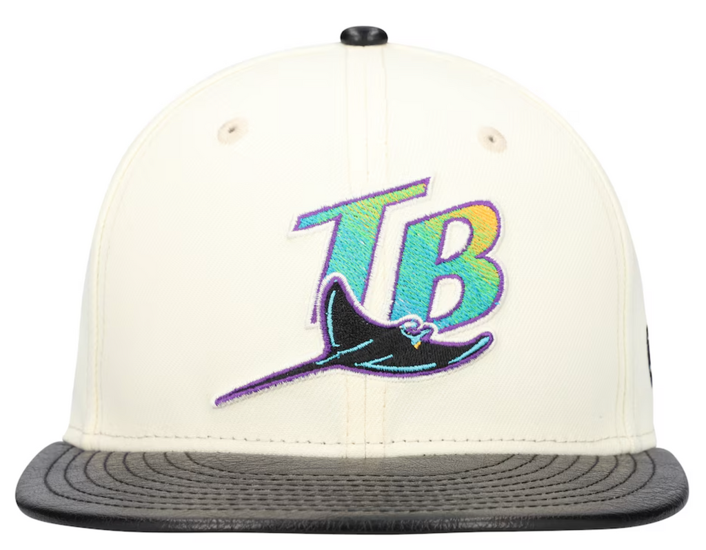 Tampa Bay Devil Rays Cooperstown Collection Cream Black Leather Visor New Era 59FIFTY Fitted Hat Official Team Hat Sports Fan Cap Official NFL Team