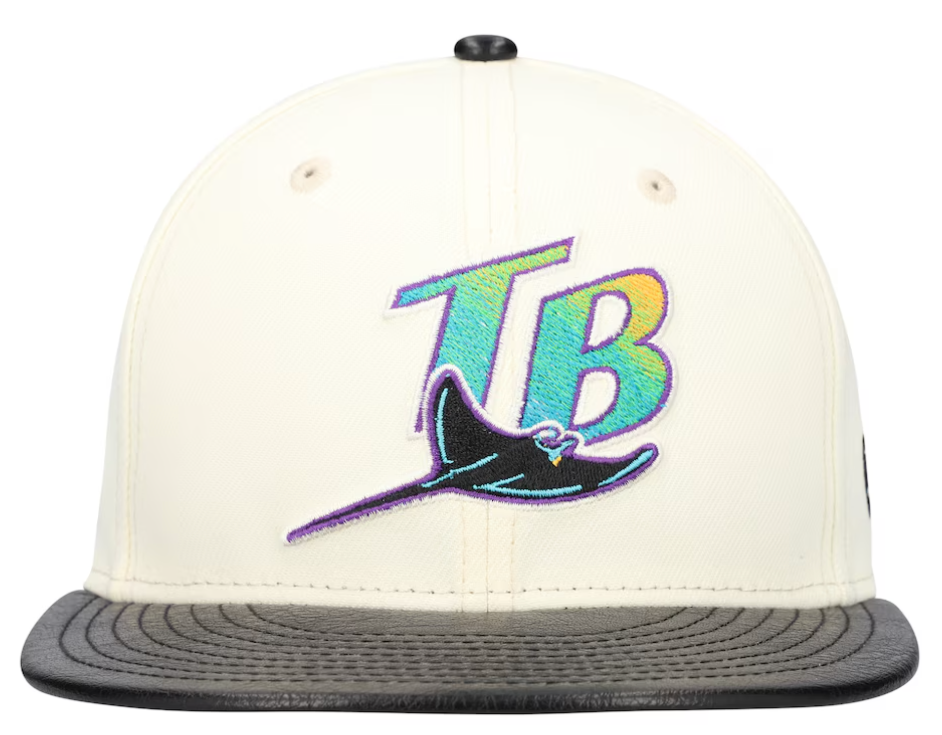 Tampa Bay Devil Rays Cooperstown Collection Cream Black Leather Visor New Era 59FIFTY Fitted Hat Official Team Hat Sports Fan Cap Official NFL Team