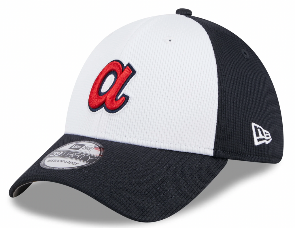 Mens New Era Atlanta Braves White Navy 2024 Batting Practice 39Thirty Flex Fit Cap Official Team Hat Sports Fan Cap Official NFL Team Hat Football