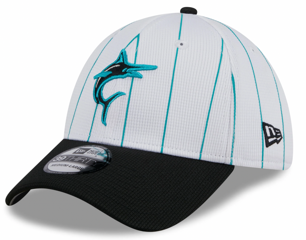 Men s Miami Marlins New Era 2024 Batting Practice White Black 39THIRTY Flex-Fit Hat Official Team Hat Sports Fan Cap Official NFL Team Hat Football