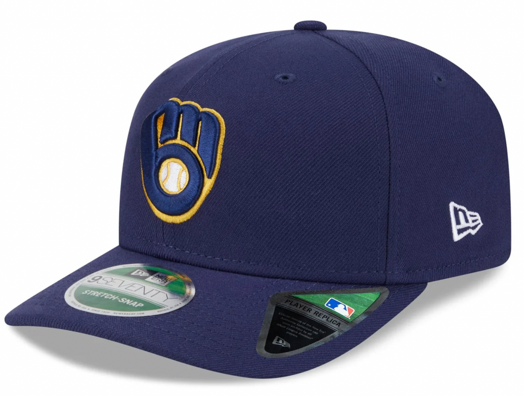 Milwaukee Brewers Navy New Era Player Replica 9SEVENTY Stretch Snap Adjustable Hat Official Team Hat Sports Fan Cap Official NFL Team Hat Football