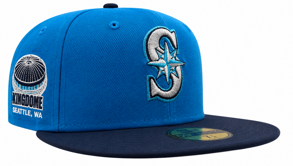 Seattle Mariners New Era 2 Tone Sunwash Ocean Blue Nirvana Nevermind Inspired 59FIFTY Fitted Hat Official Team Hat Sports Fan Cap Official NFL Team