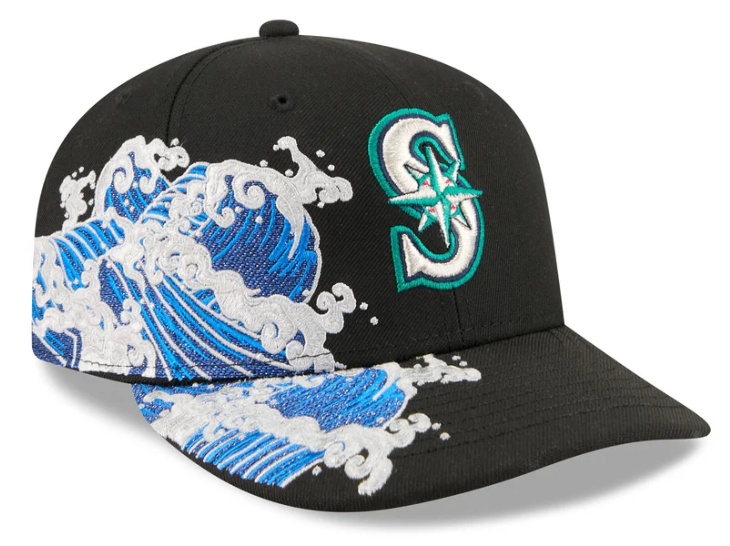 Seattle Mariners MLB Waves 59FIFTY Fitted New Era Black White Official Team Hat Sports Fan Cap Official NFL Team Hat Football Fan Cap