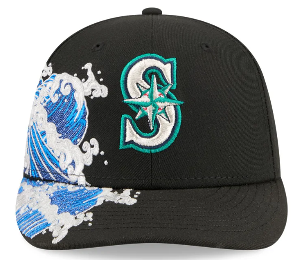 Seattle Mariners MLB Waves 59FIFTY Fitted New Era Black White Official Team Hat Sports Fan Cap Official NFL Team Hat Football Fan Cap