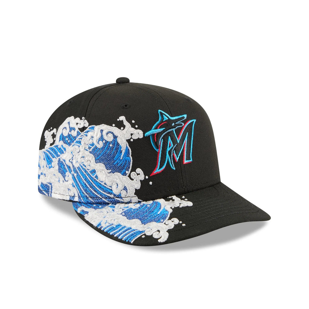 Miami Marlins MLB Waves 59FIFTY Fitted New Era Black White Official Team Hat Sports Fan Cap Official NFL Team Hat Football Fan Cap