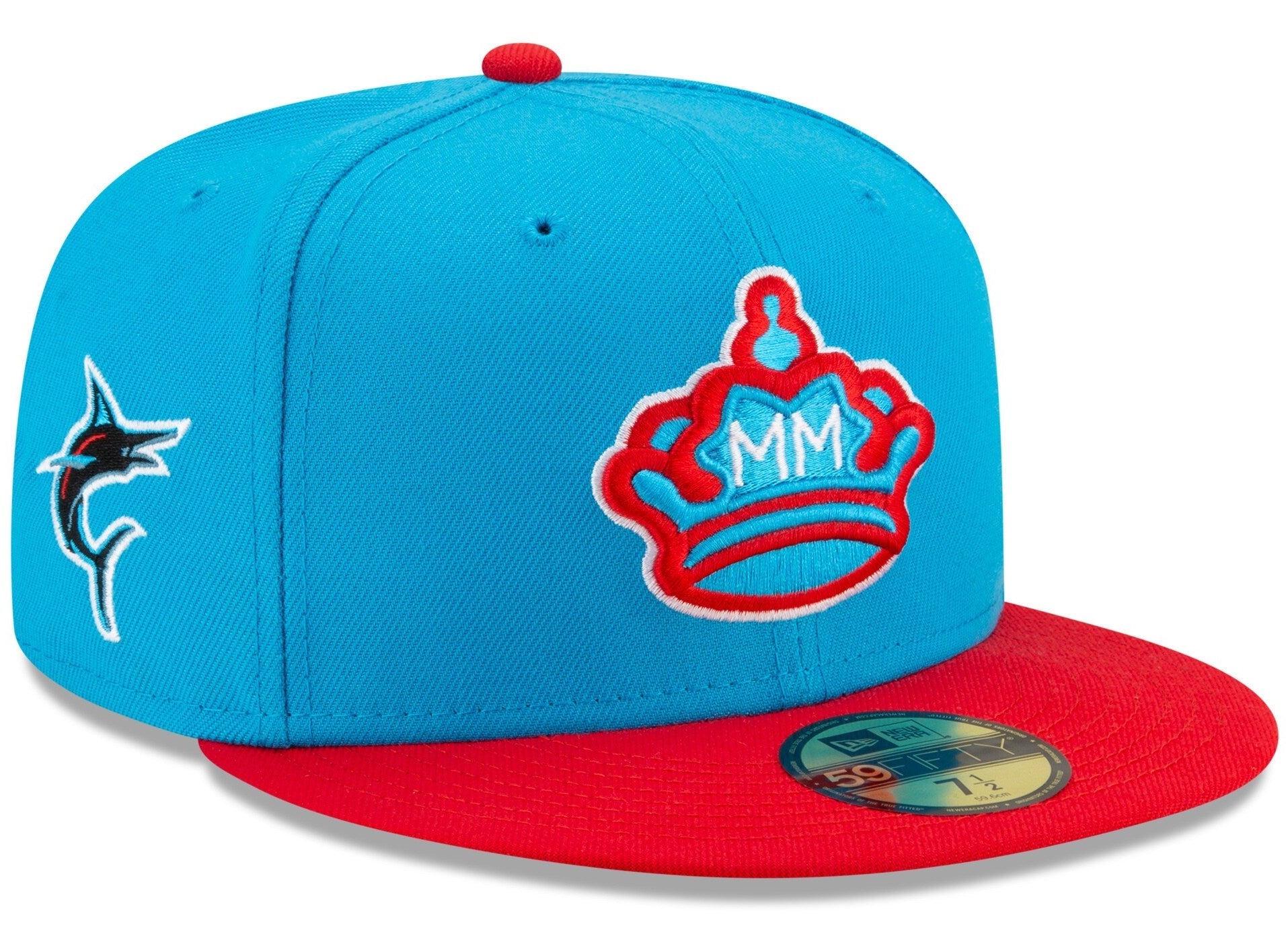 Men s Miami Marlins New Era Blue Red 2021 City Connect 59FIFTY Fitted Hat Official Team Hat Sports Fan Cap Official NFL Team Hat Football Fan Cap